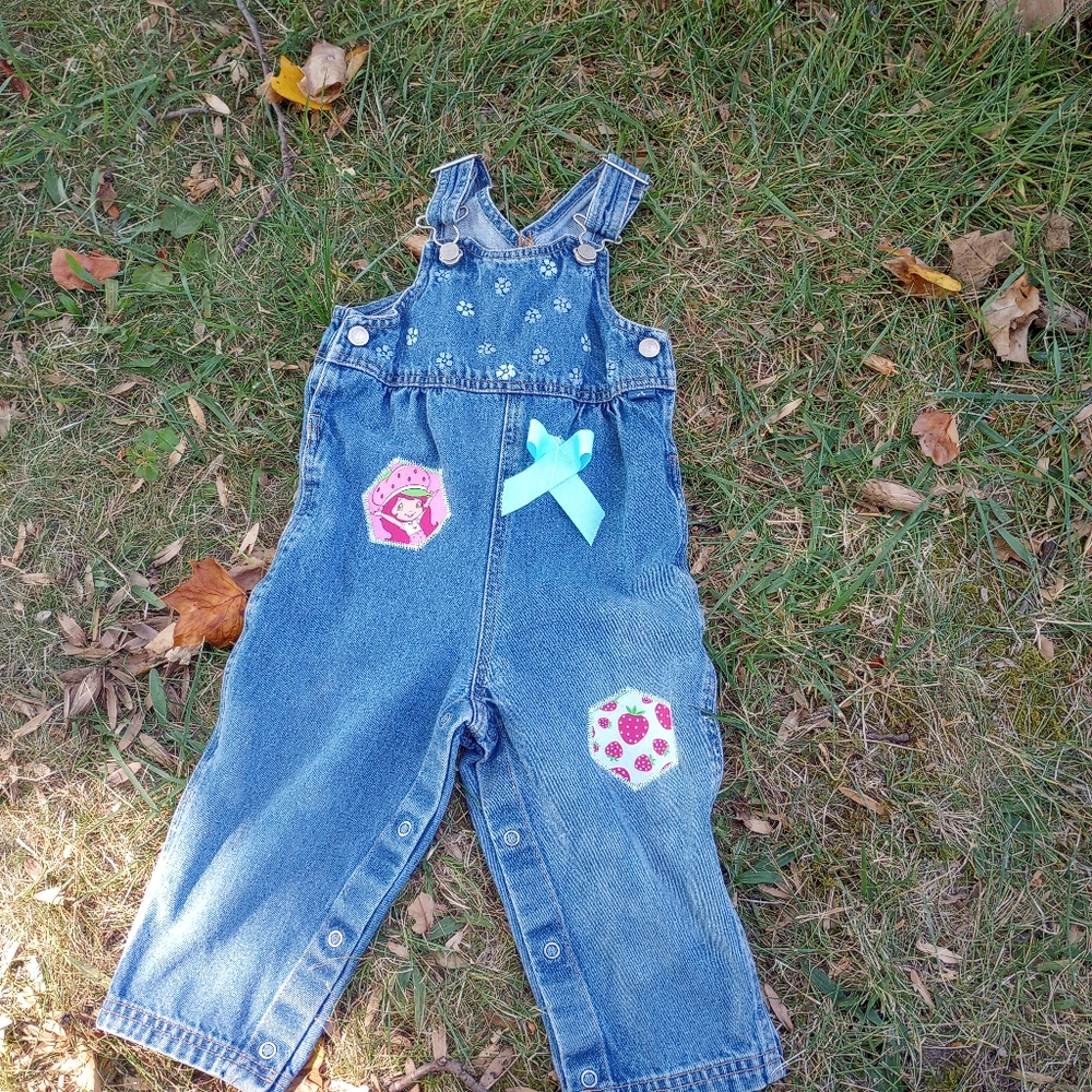 Handmade Strawberry Shortcake embellished denim overalls
